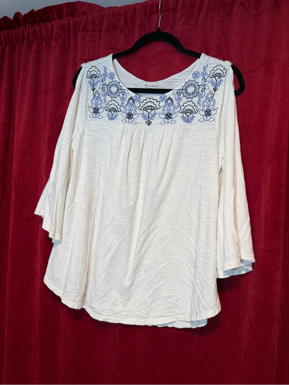 Women's Cream Embroidered Peasant Top with Blue Floral Detail
